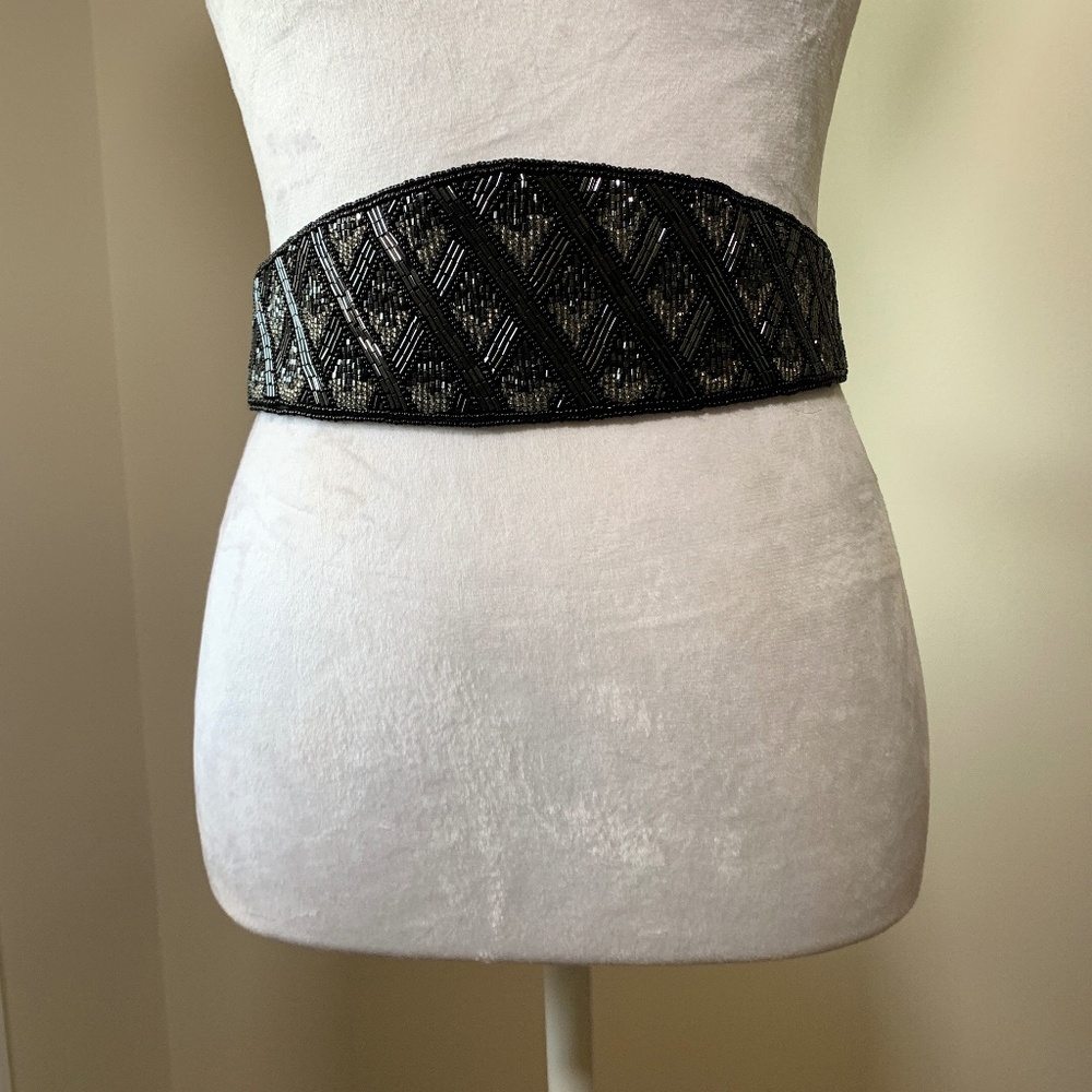 Vintage Black Silver Grey Beaded Wide Waist Belt Formal